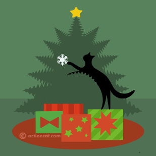 black cat playing with a snowflake in a christmas tree