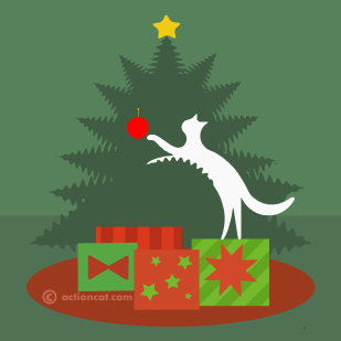 cat playing with a red ornament on a christmas tree v2