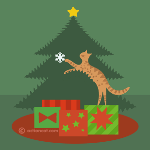 cat playing with an ornament on a christmas tree