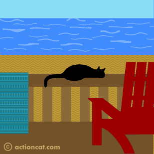 Cat sitting on a deck by the water v3