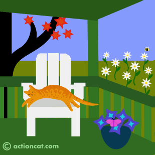 A cat on the porch in summer with butterflies and bees.