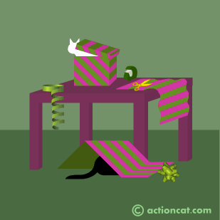 Cats helping wrap presents.