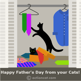 Happy Father's Day from your cats! Two cats in a closet, one of them playing with a tie and one blinking.