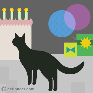 Original black cat licking birthday cat - happy birthday.