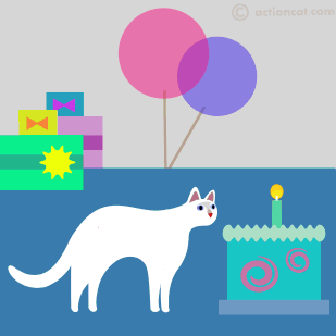 white cat licking birthday cake - happy birthday.