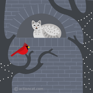 cat in a window watching a cardinal and the tree lights